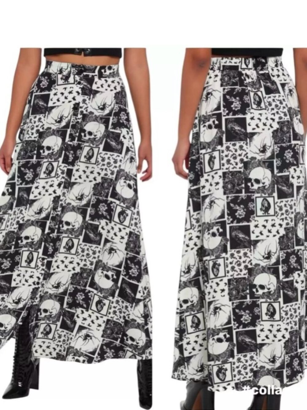 Midnight Hour Poet Patchwork Goth Black White Skull Raven Spider Skirt L XL